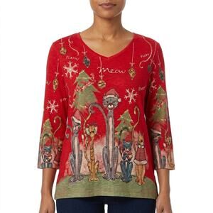 6ip9 Jess & Jane Graphic Christmas 3/4 Sleeve V-Neck Top Women See Measurements